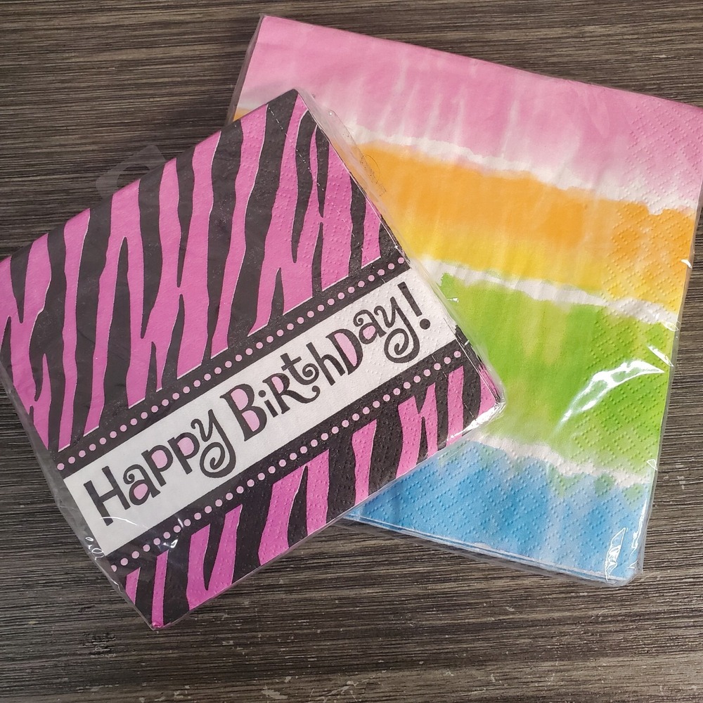 Happy Birthday Paper Napkins Pink Zebra 16ct, Rainbow 16 ct - Lot Of 2